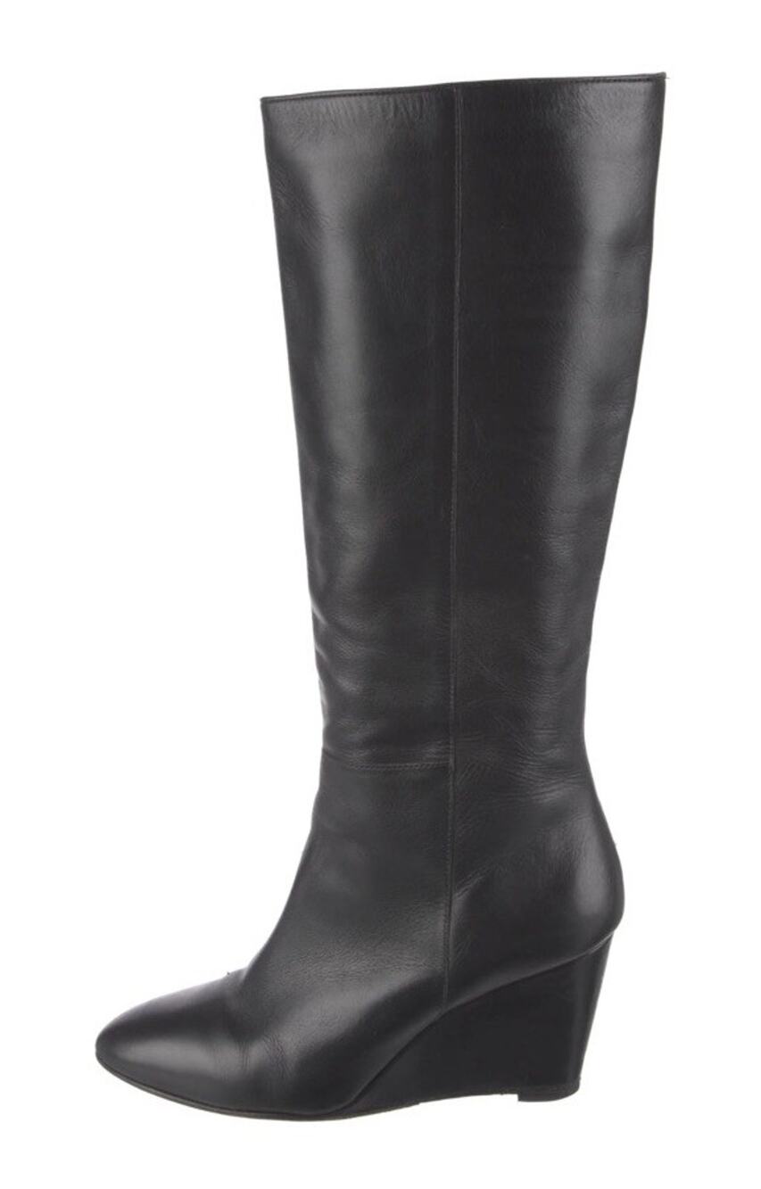 Loeffler Randall Black Leather Knee High Wedge Boots Pull On Size 6.5